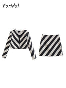 Office Lady Striped Print White Black Elegant Mini Skirt Suits Slim Crop Top Femme Clothing Sets Spring Fashion Retro Suit