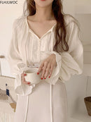 Cute Fairy Chic Tops Korea Japan Style 2022 Herbst Flare Sleeve Lässige Beige Farbe Frauen Lace-Up Fliege Top und Blusen