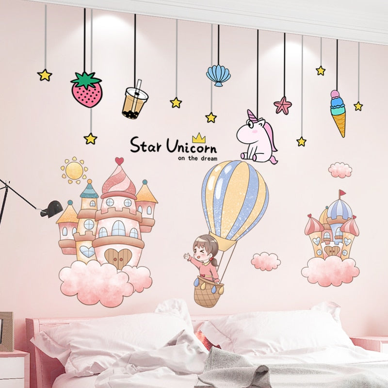 [shijuekongjian] Cartoon Girl Wall Stickers DIY Unicorn Animal Stars Wall Decals for Kids Bedroom Baby Room Home Decoration