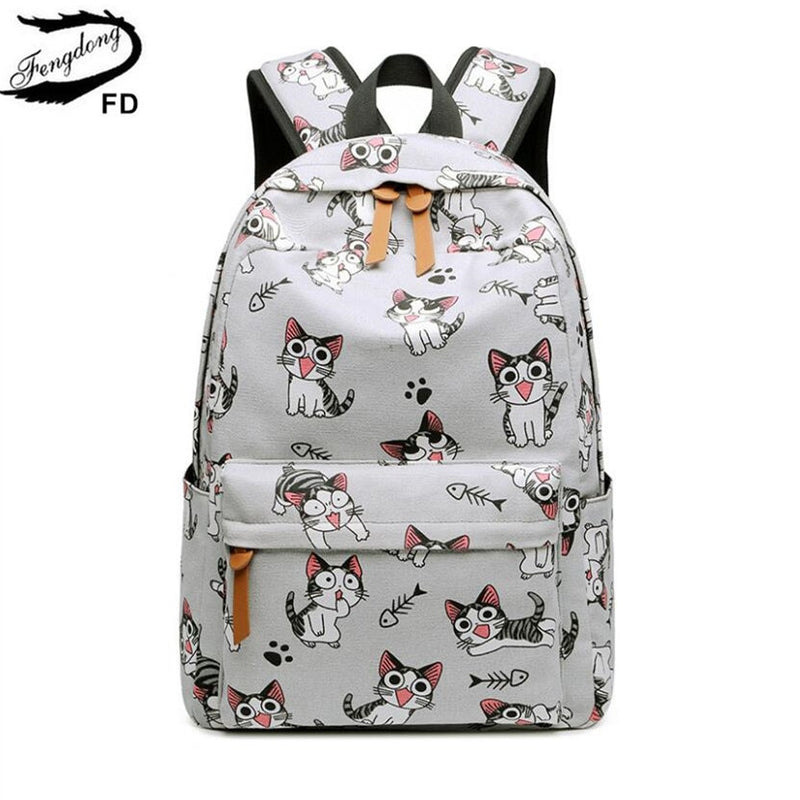 Fengdong Schultaschen für Mädchen im Teenageralter Schultasche Kinder Rucksäcke niedlicher Tierdruck Leinwand Schulrucksack Kinder Katzentasche Pack