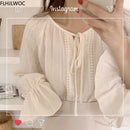 Cute Fairy Chic Tops Korea Japan Style 2022 Herbst Flare Sleeve Lässige Beige Farbe Frauen Lace-Up Fliege Top und Blusen