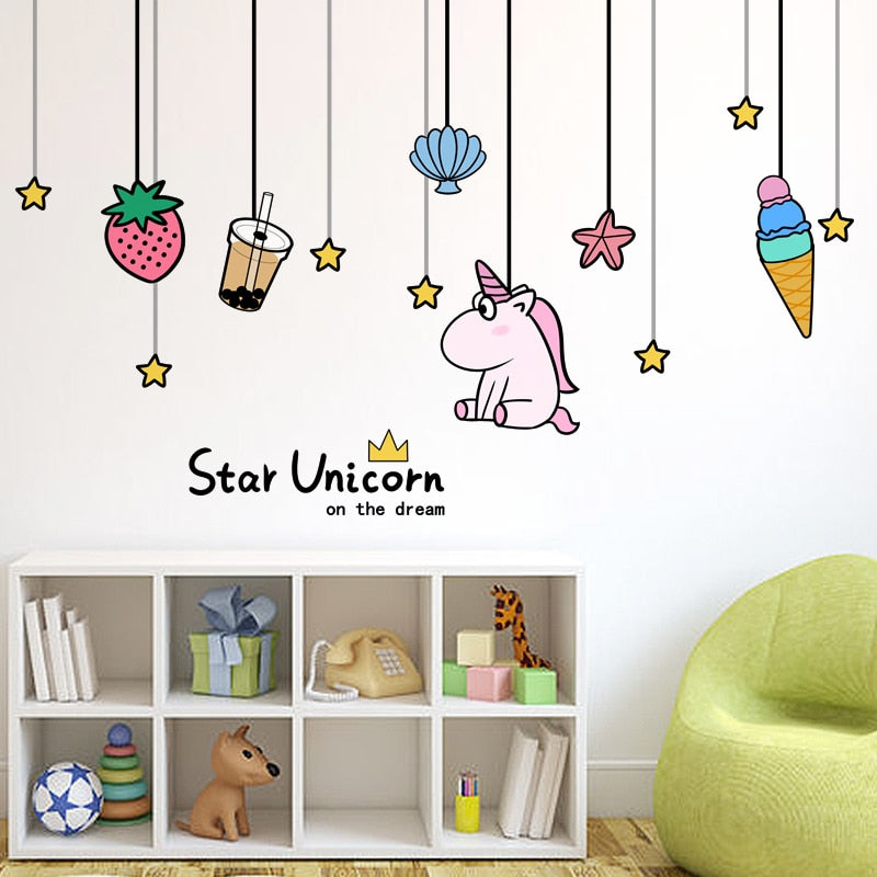 [shijuekongjian] Cartoon Girl Wall Stickers DIY Unicorn Animal Stars Wall Decals for Kids Bedroom Baby Room Home Decoration