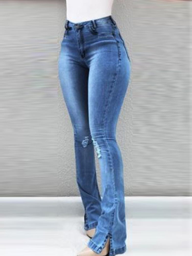 Zerrissene Bell-Bottom-Jeans mit hoher Taille, Damentaschen, Design, lässige Denim-Hosen