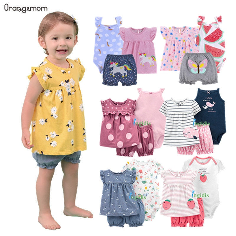 Summer Dresses 2023 Baby Girl Clothing Set Cotton Home For Baby Girl Clothes , 15 Colours Short Unicorn Infant Clothing Suit