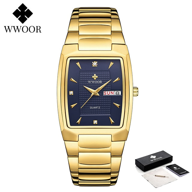 Relogio Masculino WWOOR 2022 Neue quadratische Uhr Herren mit automatischem Wochendatum Mann Quarz Armbanduhren Luxus Edelstahl Gold