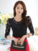 6XL ahueca hacia fuera la blusa de encaje camisa elegante señoras Tops Crochet manga larga bordado Patchwork mujeres blusas Tops blanco DF2753