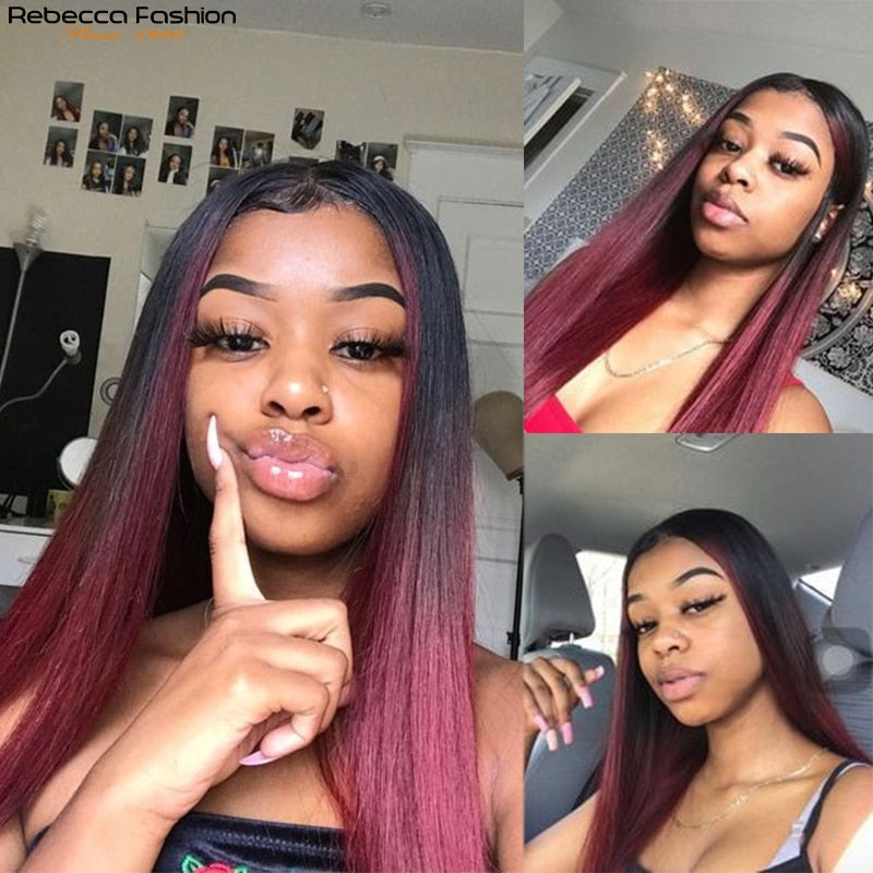 Burgundy HD Transparent Lace Front Human Hair Wigs Ombre 99J Straight Lace Frontal Wig For Women Pre Plucked 13x1x6 Lace Wig