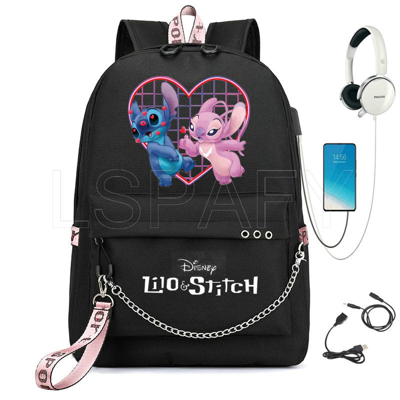 Disney Kawaii Stitch Bag Zipper USB Charging Mochila Capacity Backpack Women Kpop School Bags for Teenage Girls Students