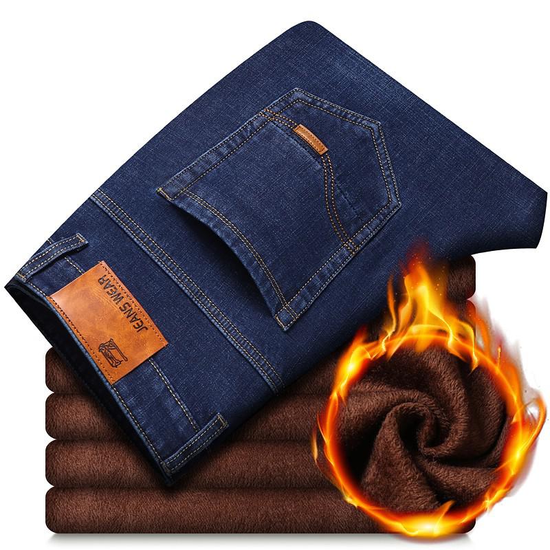 Winter Thermal Warm Flanell Stretch Jeans Herren Qualität Berühmte Marke Fleecehose Herren Gerade Beflockung Hose Jean Male