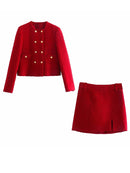 xikom 2021 Tweed Zweiteiliges Set Frauen rot Vintage O-Ausschnitt Langarm Büro Dame dünner Blazer Mantel weibliche Hight Taille Rockanzug