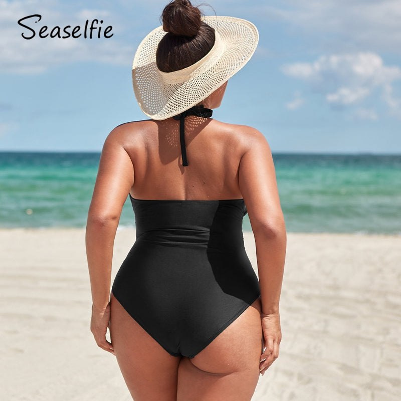 SEASELFIE Plus Size Halfter Rückenfreier Badeanzug Damen Large Size Solid Olive Monokini Badeanzug 2022 Strandbadebekleidung