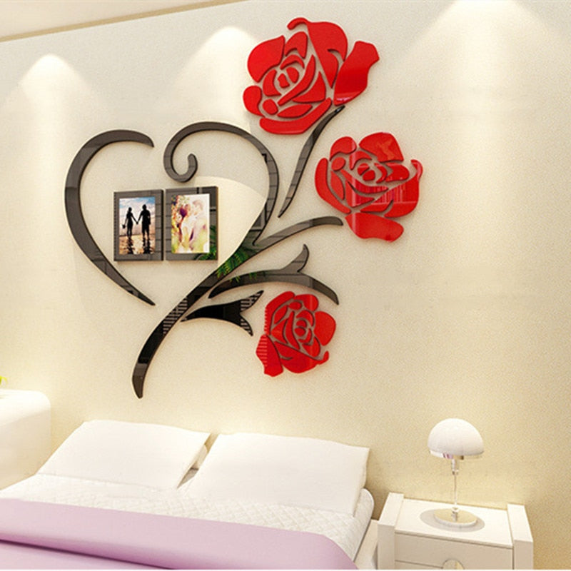 3 Size Multi-Pieces Rose Flower Pattern 3D Acrylic Decoration Wall Sticker DIY Wall Poster Picture Frame Home Bedroom Wallstick