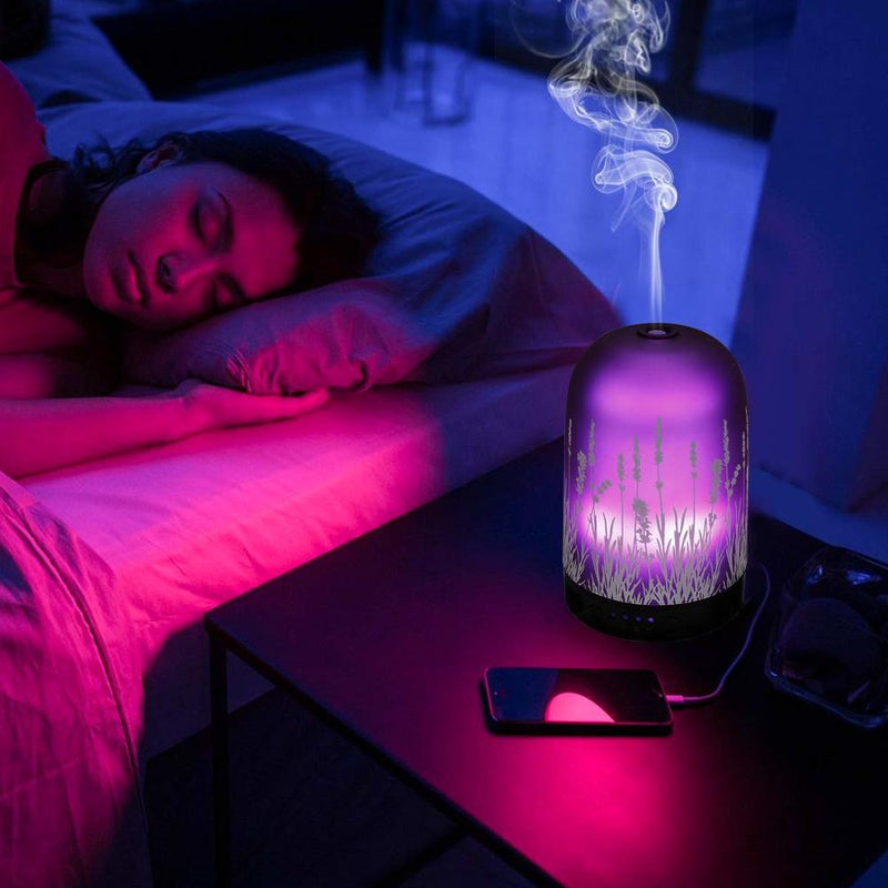 Lavendel Ultraschall Aroma Diffusor Glas Luftbefeuchter Ätherisches Öl Aromatherapie Maschinen Duft Cool Mist 100ml 7Color LED