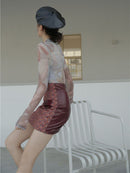 CHEERART Sheer T-Shirt Frauen Rollkragen Mesh Top Malerei Druck Langarm T-Shirt Femme Body Tight Unterwäsche Herbstkleidung