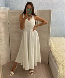 FMFSSOM 2022 Sommer V-Ausschnitt Sexy Open Back Rotes Kleid Frauen knielangen Bohemian Style Solid Spaghetti Strap Party Kleidung