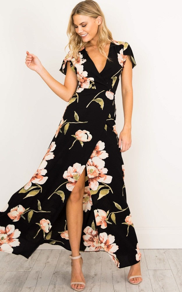 2022 Sommer Kurzarm Langes Kleid V-Ausschnitt Split Print Mode Retro Tiktok Sendung Rayon Robe für Frauen Party Hochzeit