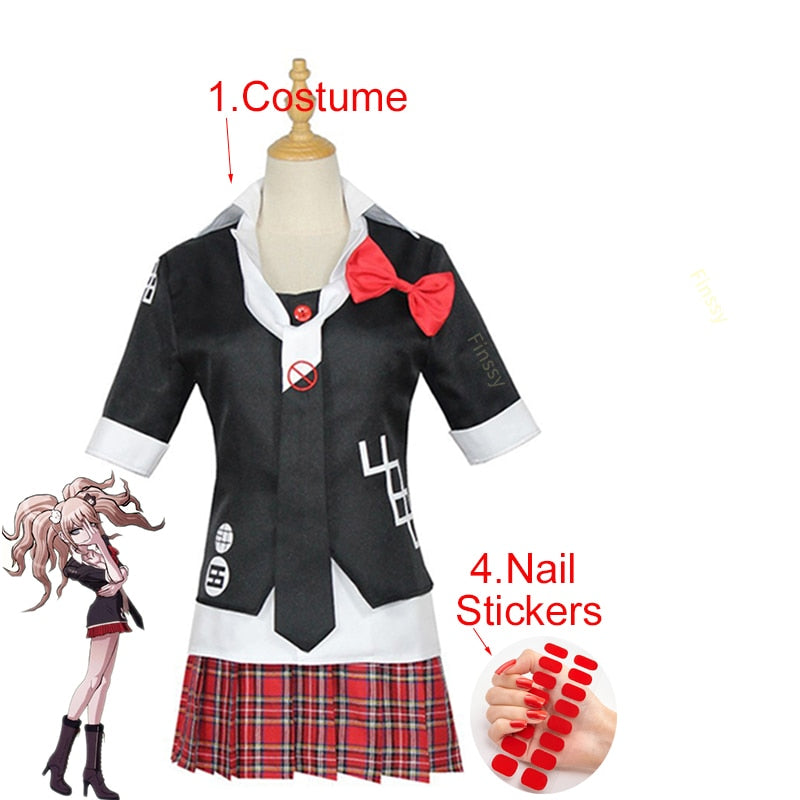 Disfraz de Cosplay de Anime Danganronpa, uniforme de Enoshima Junko, ropa de trabajo de café, Falda corta, peluca trenzada de doble cola