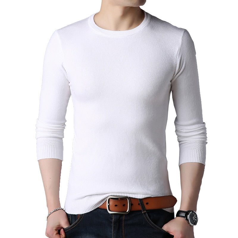 Marca BROWON, suéter de otoño para hombre, suéter ajustado de manga larga con cuello redondo para hombre, suéter blanco de negocios de Color sólido para hombre, M-4XL de gran tamaño