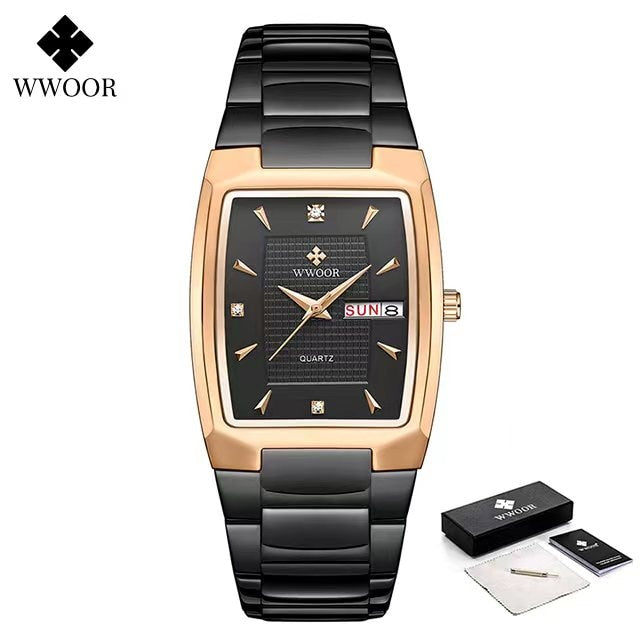 Relogio Masculino WWOOR 2022 Neue quadratische Uhr Herren mit automatischem Wochendatum Mann Quarz Armbanduhren Luxus Edelstahl Gold