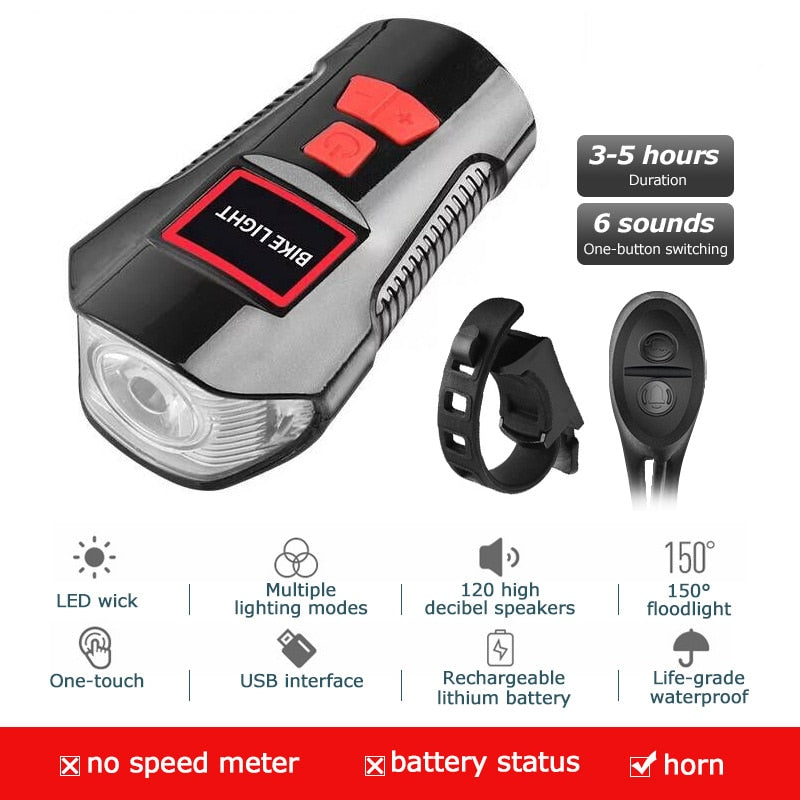 Wasserdichtes Fahrradlicht, USB-Aufladung, Fahrrad-Frontlicht, Taschenlampe, Lenker, Radfahren, Kopflicht mit Hupe, Geschwindigkeitsmesser, LCD-Bildschirm