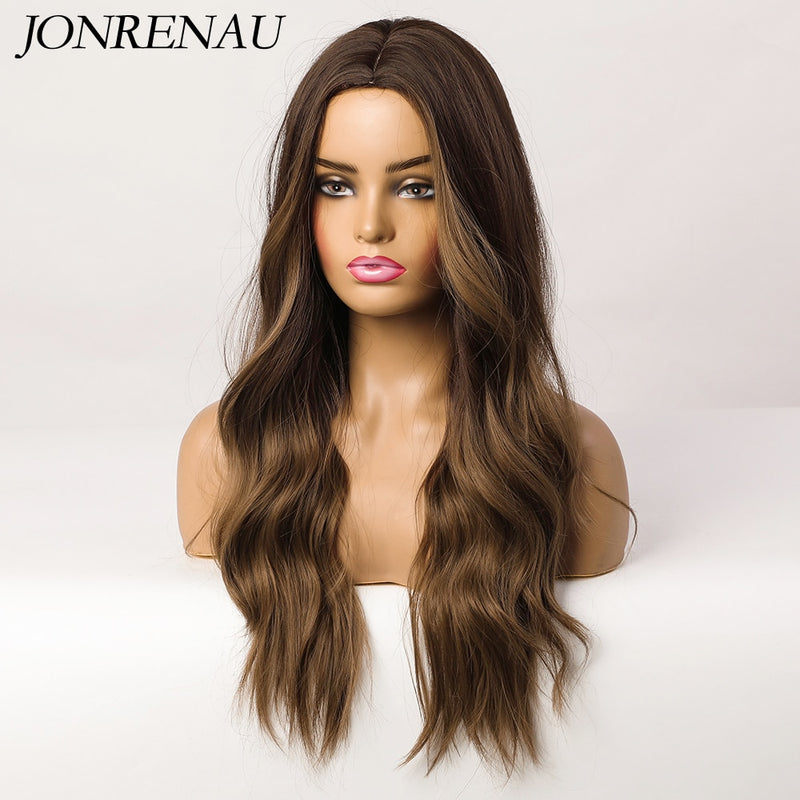 JONRENAU, pelucas sintéticas de color marrón oscuro con degradado de pelo de parte media y ondas naturales largas para mujer, peluca resistente al calor para uso diario en Cosplay