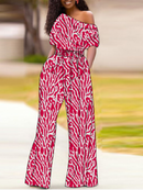 Summer Printed Jumpsuits Irregular Shoulder Sleeves with Sashes Wide Leg Women Floral Vacation Overall Female Bodysuit Big Size