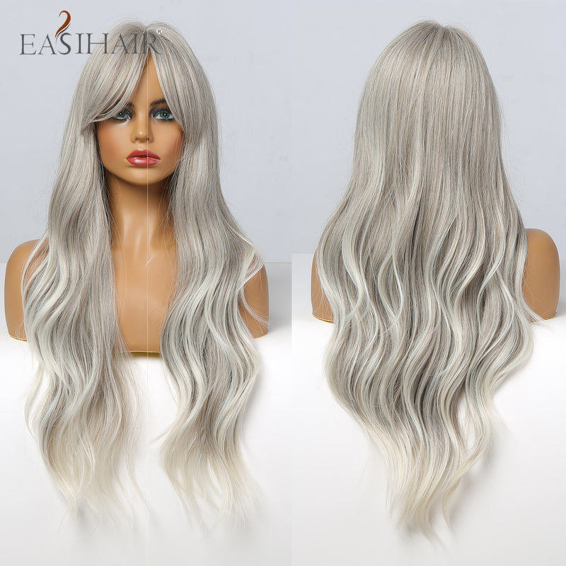 EASIHAIR largo rubio claro Ombre pelucas de estilo ondulado Natural pelucas sintéticas resistentes al calor pelucas de Cosplay de pelo de parte media para mujeres