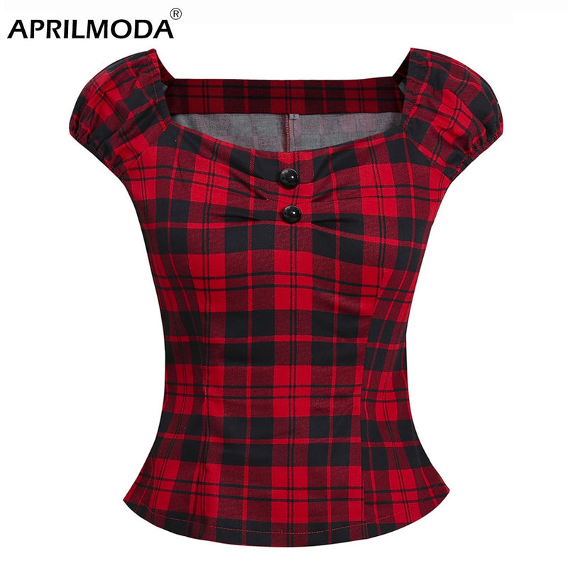 Summer Women Vintage 50s Pinup Peasant Shirts Gingham Inspired Couture Checkered Red 2022 Tops Retro Rockabilly Blouses