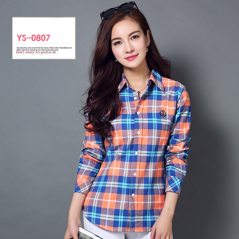 S-4XL Women Cotton Shirt Spring Autumn Winter 2022 New Casual Long-sleeve Brushed Plaid Stripe Shirts Girl's Tops Blouse Female