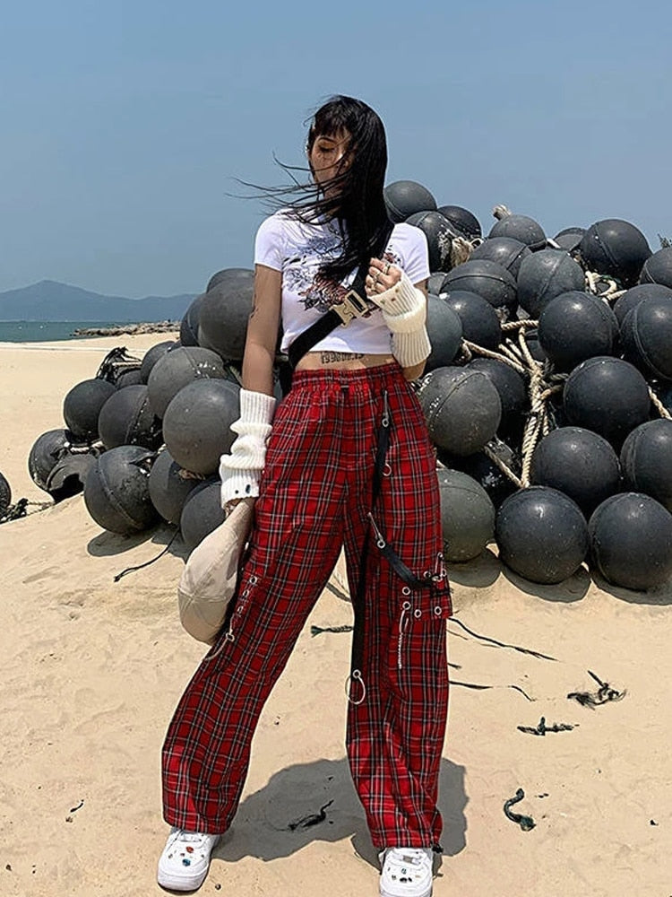 QWEEK Checked Trousers Women Japanese Streetwear Punk Cargo Pants Women Hippie Chain Harajuku Indie Y2K Aesthetic Hip Hop