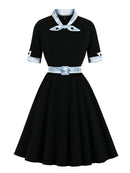 Tonval Green Contrast Bow Neck and Cuff Vintage Belted Dress Half Sleeve Herbst Damen Fit and Flare Retro Swing Kleider