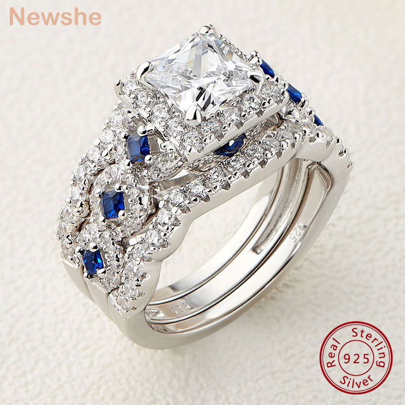 Newshe 3 Pcs Wedding Rings Set for Women 925 Silver 2.6Ct Princess Cut White Blue AAAAA CZ Luxury Bridal Engagement Jewelry