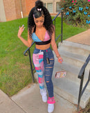 Bandana Print Damen Jeans Distressed Skinny Denim Pants Flare Slim Bottoms Fitness Herbst Winter Streetwear Outfits Hose