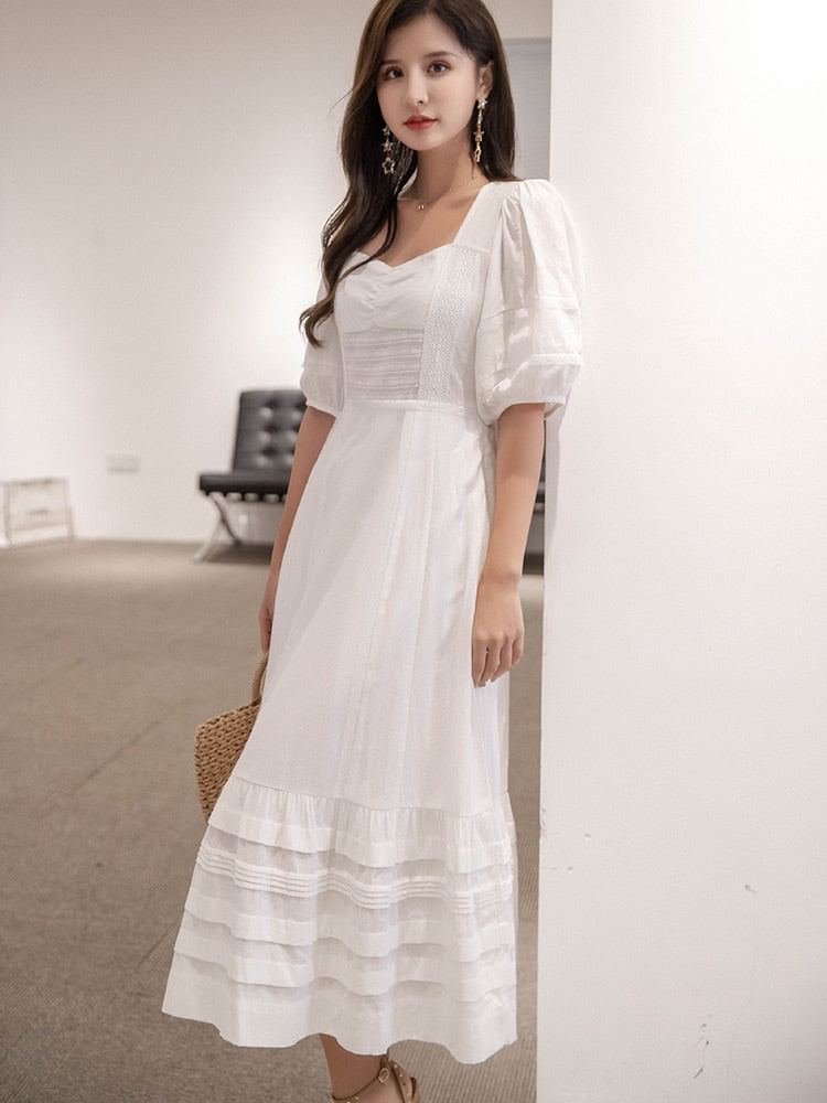 Jastie French White Dress Cotton Embroidered V-neck Elegant Ladies Dress Ruffle Hem Chic Autumn Dress Retro Luxury Brand Dress