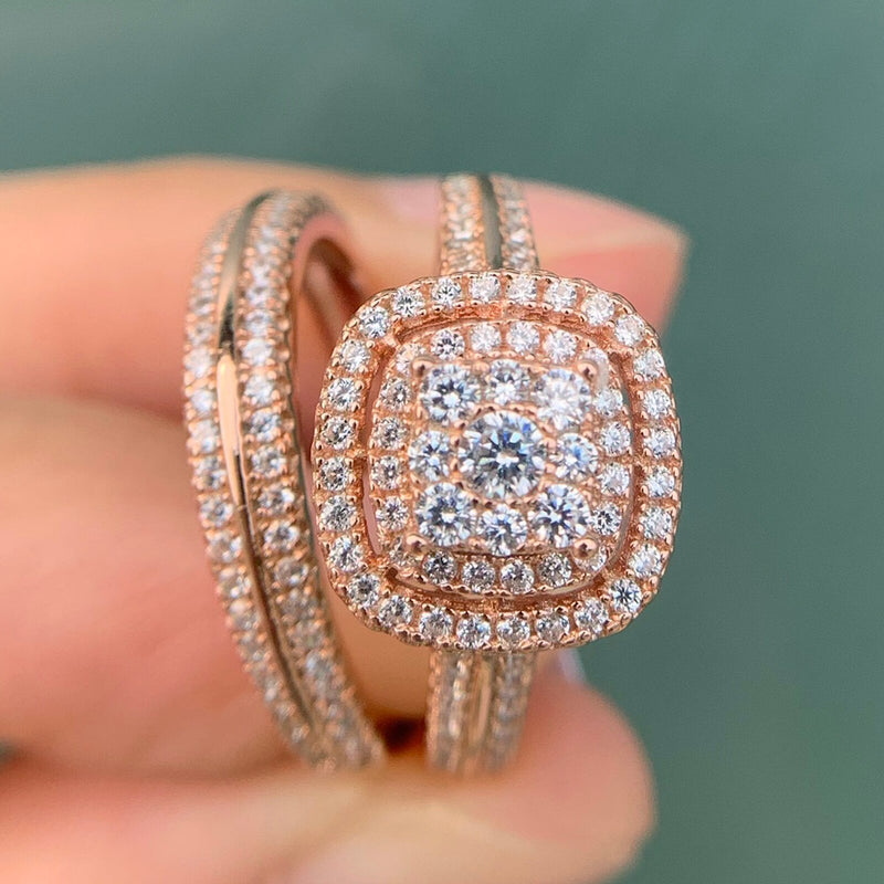 Newshe Double Halo Roségold 925 Silber Verlobungsring Brautset für Frauen AAAAA Kubikzirkon Romantischer Hochzeitsschmuck