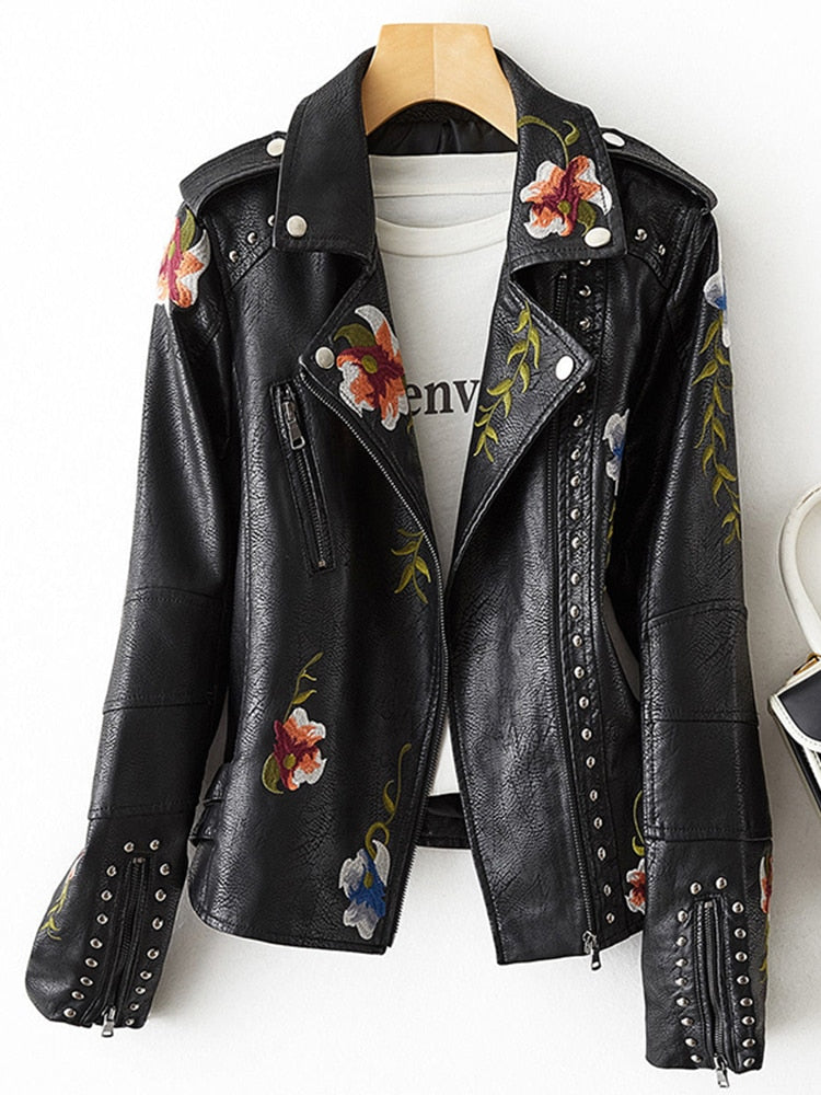 FTLZZ, nueva chaqueta de cuero suave de imitación bordada con estampado Floral Retro para mujer, abrigo con cuello vuelto de Pu para motociclista, prendas de vestir exteriores Punk negras