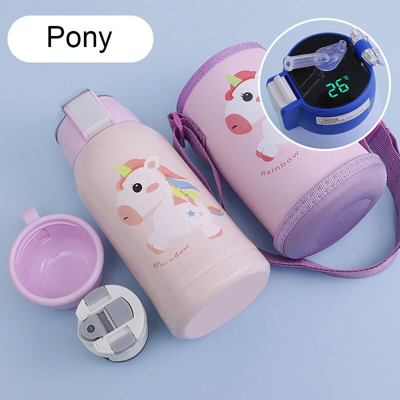 Taza termo con pantalla de temperatura inteligente de dibujos animados de 500ml, botella de agua portátil de estilo pajita para mantener el calor y el frío las 24 horas para el bebé