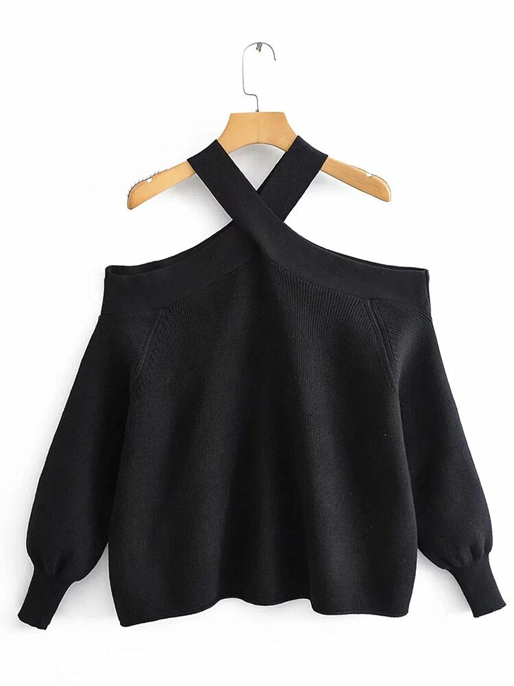 Oversize-Frauen Kreuz Neckholder Pullover 2021 Frühlingsmode Damen elegante Strickpullover weibliche Strickwaren weiche Mädchen schicke Oberteile