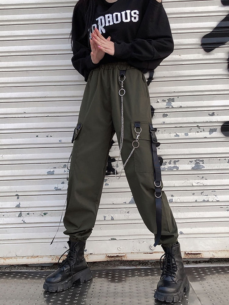 Women Cargo Pants 2021 Harem Pants Fashion Punk Pockets Jogger Trousers With Chain Harajuku Elastics High Waist Streetwear