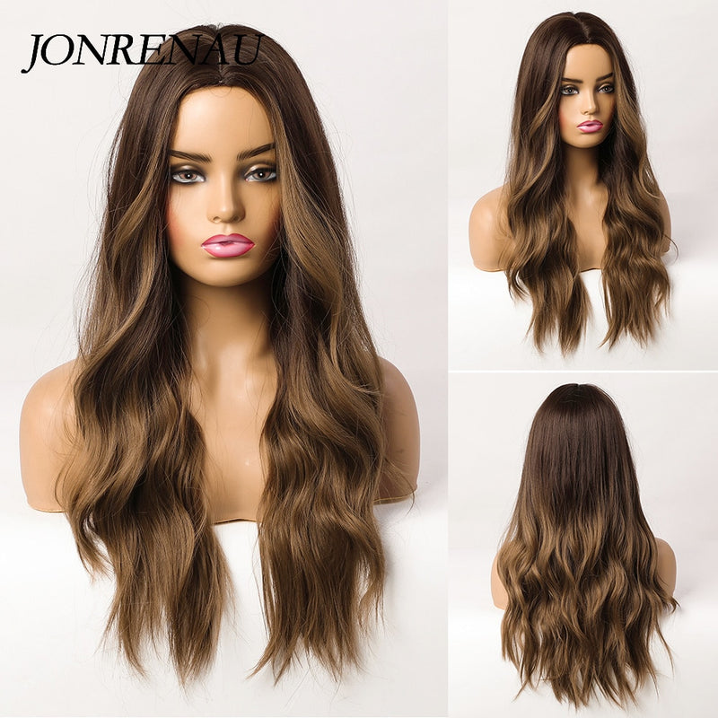 JONRENAU, pelucas sintéticas de color marrón oscuro con degradado de pelo de parte media y ondas naturales largas para mujer, peluca resistente al calor para uso diario en Cosplay