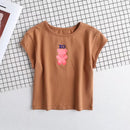 Women Bear Print Crop Tee Short Sleeve Slim Fit T-shirt