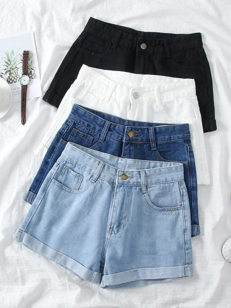 Ailegogo New Summer Women Wide Leg Classic High Waist Black Denim Shorts Casual Female Solid Color White Blue Loose Jeans Shorts
