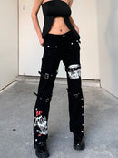 InsGoth Y2K Punk Skull Print Schwarze Schnalle Hose Harajuku Hohe Taille Große Tasche Hose Goth Mall Grunge Cargohose Techwear