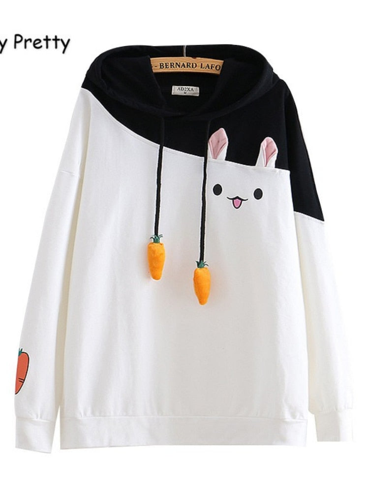 Merry Pretty Women Hoodies Animal Lovely Pullover Kawaii Rabbit Sweatshirt Cute Bunny Graphic Outerwear Pink Black Hoodie Girls