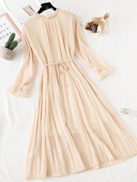 2022 New Women Spring Print Dresses Long Sleeve Chiffon Pleated Dress Casual Ruffle Flare Sleeve Long Dress Loose Vestidos