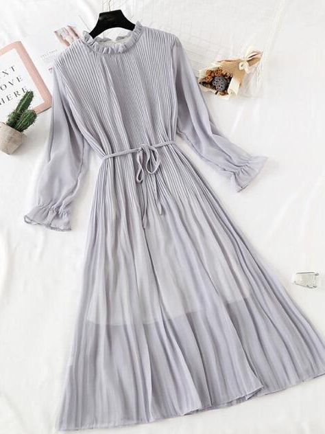 2022 New Women Spring Print Dresses Long Sleeve Chiffon Pleated Dress Casual Ruffle Flare Sleeve Long Dress Loose Vestidos