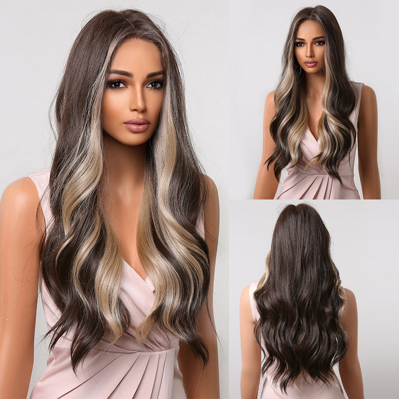 JONRENAU Long Natural Wave Middle Part Hair Gradient Dark Brown Synthetic Wigs  for Women Daily Cosplay Use Heat Resistant Wig