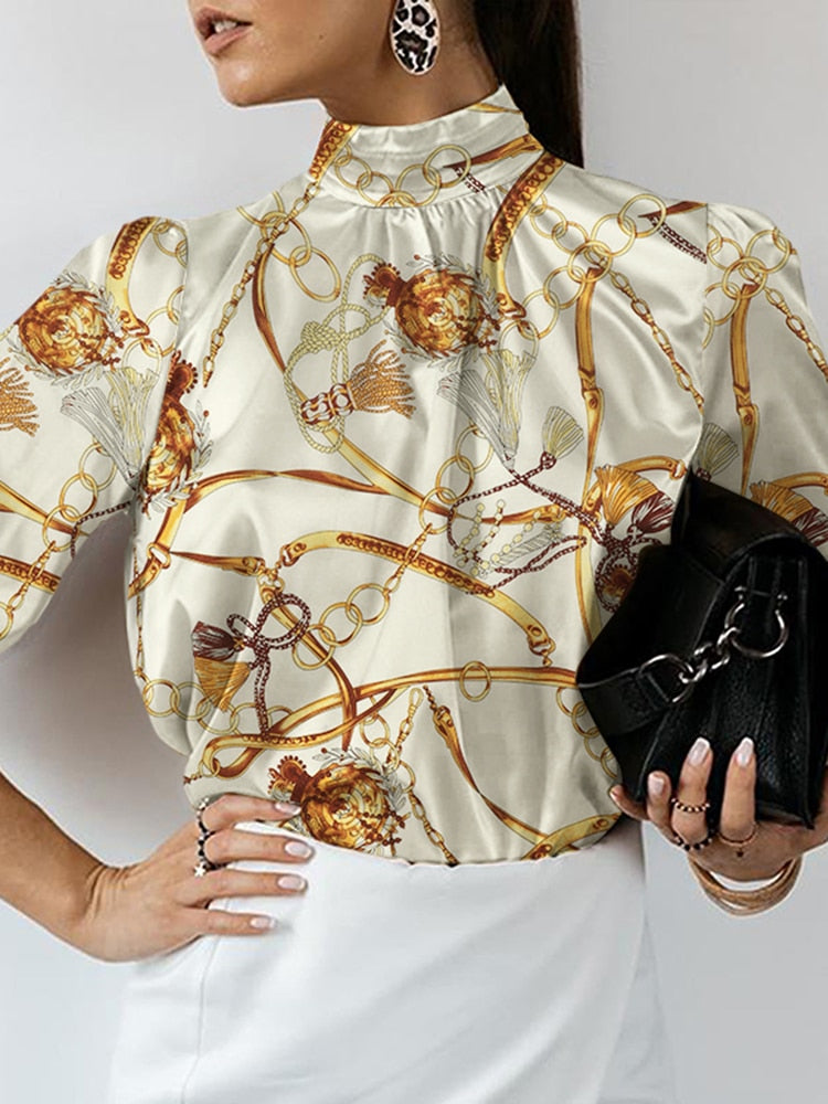 Celmia Women Satin Blouse 2023 Fashion Elegant Tunic Slik Tops Autumn Solid High Collar Shirt Long Sleeve Party Blusas Femininas