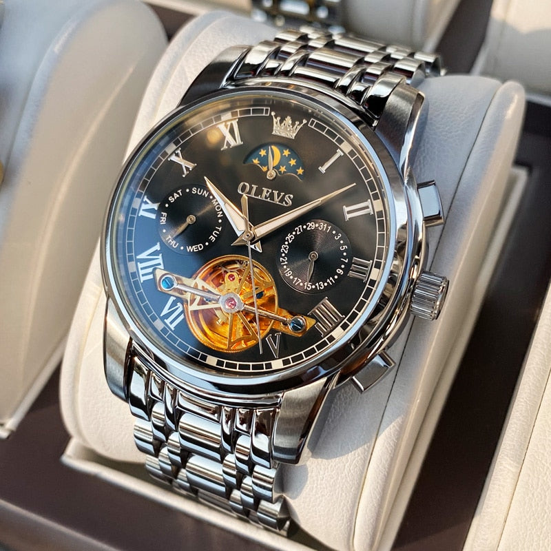 Reloj OLEVS para hombre, reloj mecánico automático, reloj de pulsera Stianless de la mejor marca, reloj de pulsera de lujo moon phaseTourbillon, regalos para hombre