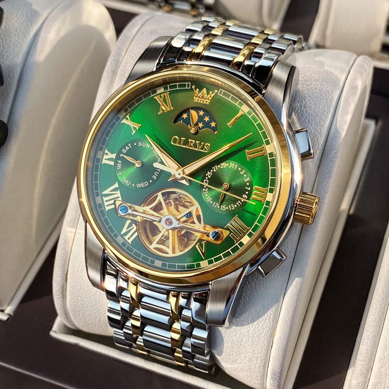 Reloj OLEVS para hombre, reloj mecánico automático, reloj de pulsera Stianless de la mejor marca, reloj de pulsera de lujo moon phaseTourbillon, regalos para hombre